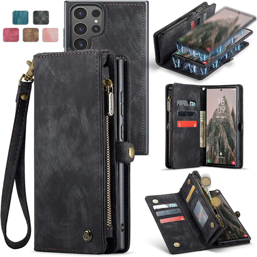 Compatible with Samsung Galaxy S25 Leather Magnetic Zipper Wallet Case 2-in-1 Detachable Flip Cover with Card Holder iPhone 16 Black - Image 1