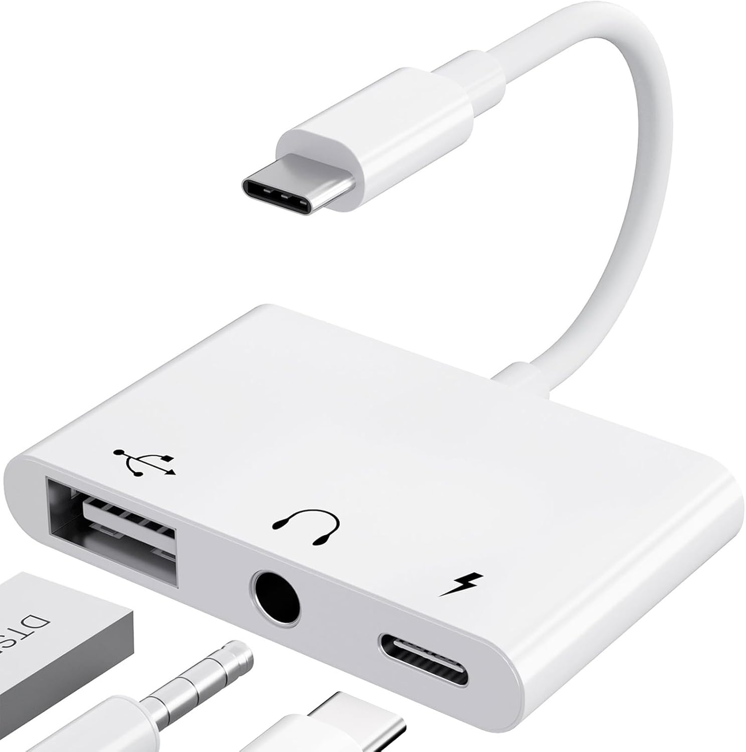 USB C to 3.5mm Jack Audio Adapter with Fast Charging OTG White - Image 1