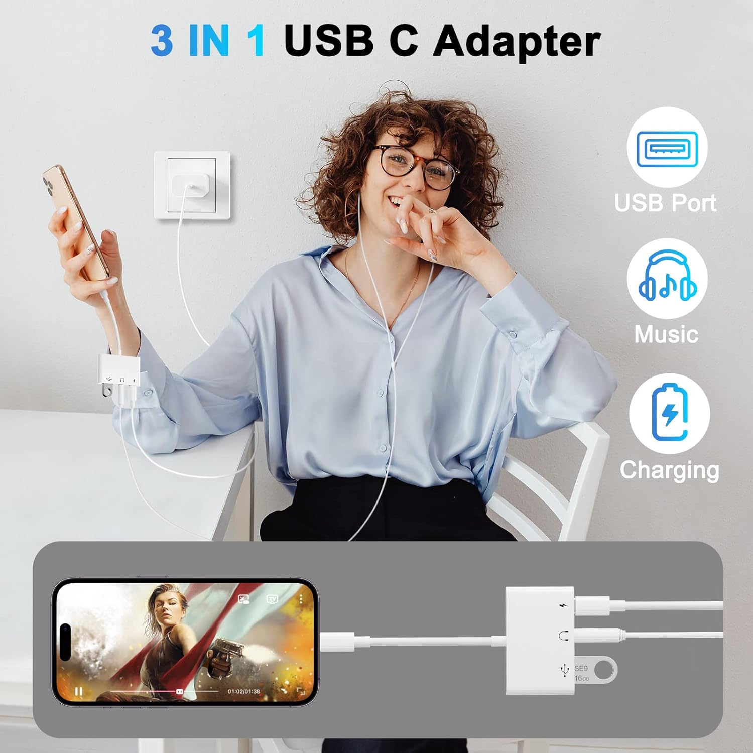 USB C to 3.5mm Jack Audio Adapter with Fast Charging OTG White - Image 2