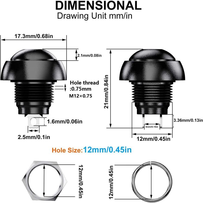 Waterproof Momentary Push Button Switch SPST 12mm ON/OFF Compatible with Car Horn PC Lamp Doorbell 12pcs 3A 3-230VAC - Image 2