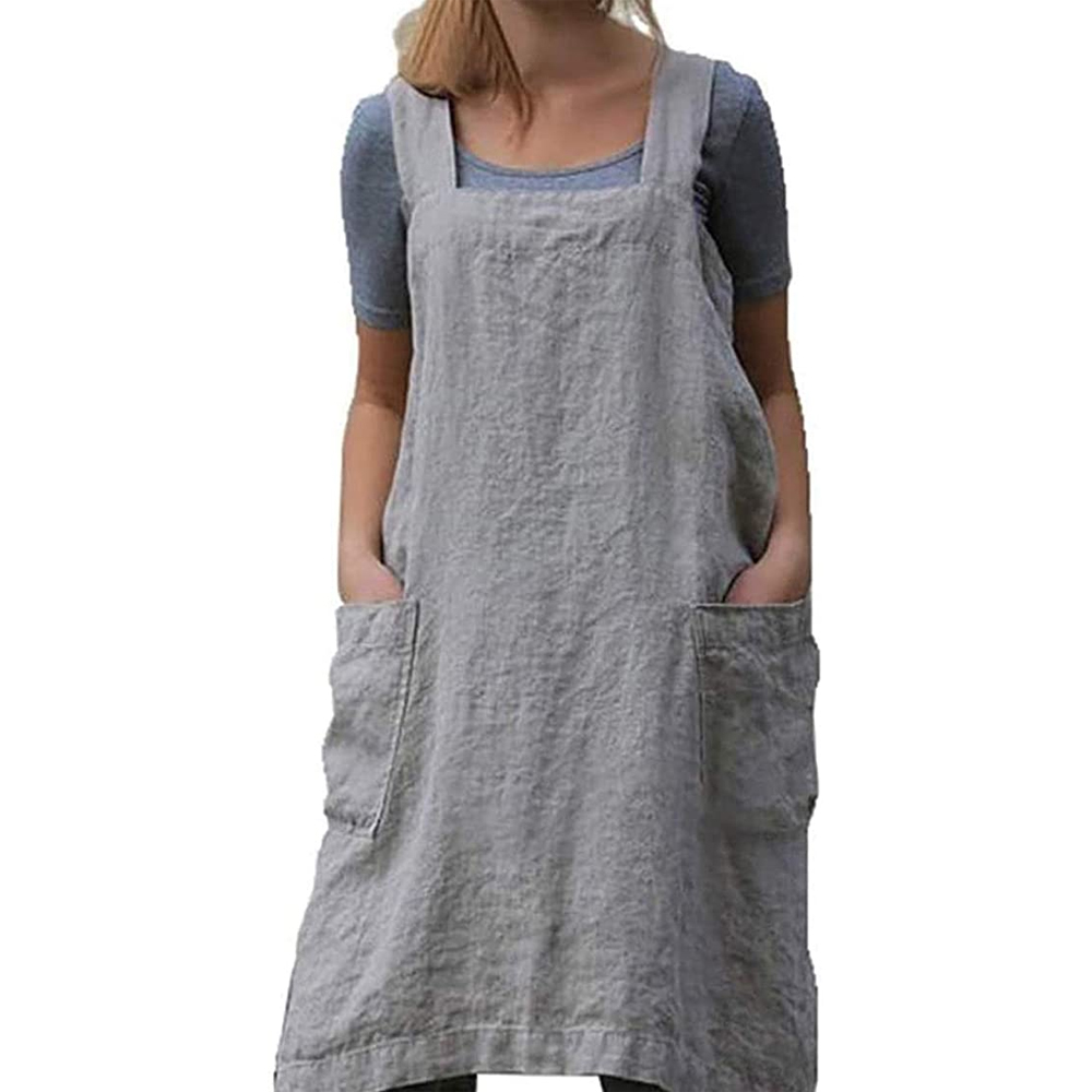 Gray Women's Cotton and Linen Apron with Cross Back and Large Pocket, Size M - Image 1