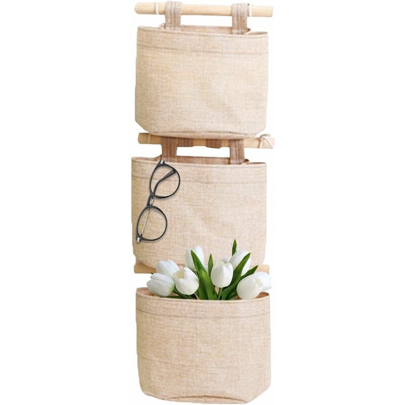 Hanging Storage Bag with Pockets 3 Layers Cotton Linen Canvas Hanging Storage Bag on Wall Door Organizer for Bedroom Bathroom - Image 1