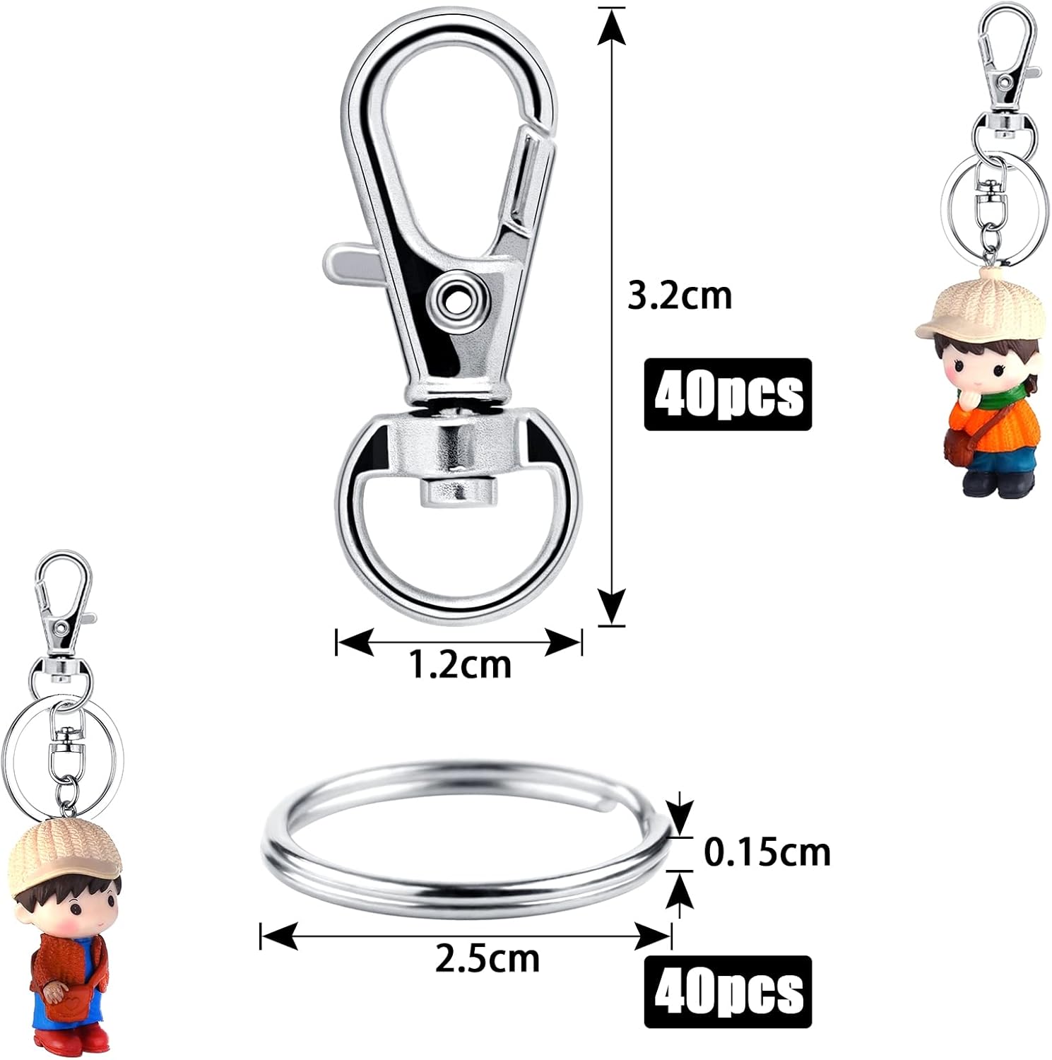 Small Stainless Steel Keychains, 100pcs Carabiner Keychains, DIY, DIY Ring, Button Lock, (Silver) - Image 2