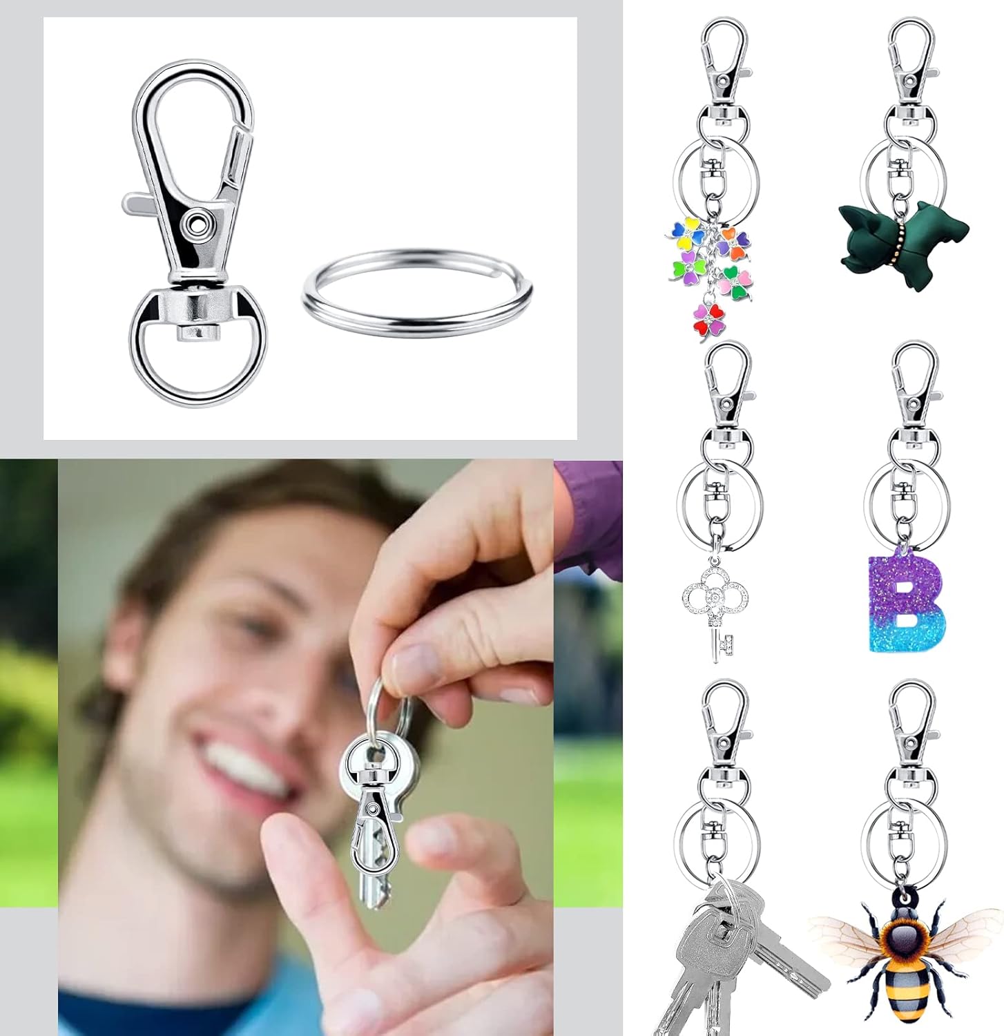 Small Stainless Steel Keychains, 100pcs Carabiner Keychains, DIY, DIY Ring, Button Lock, (Silver) - Image 3