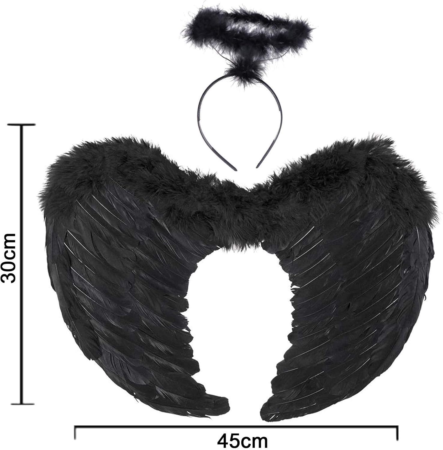 Black Angel Wings Costume - 45cm, with Halo, Compatible with Women Girls Fallen Feather Wings - Image 2