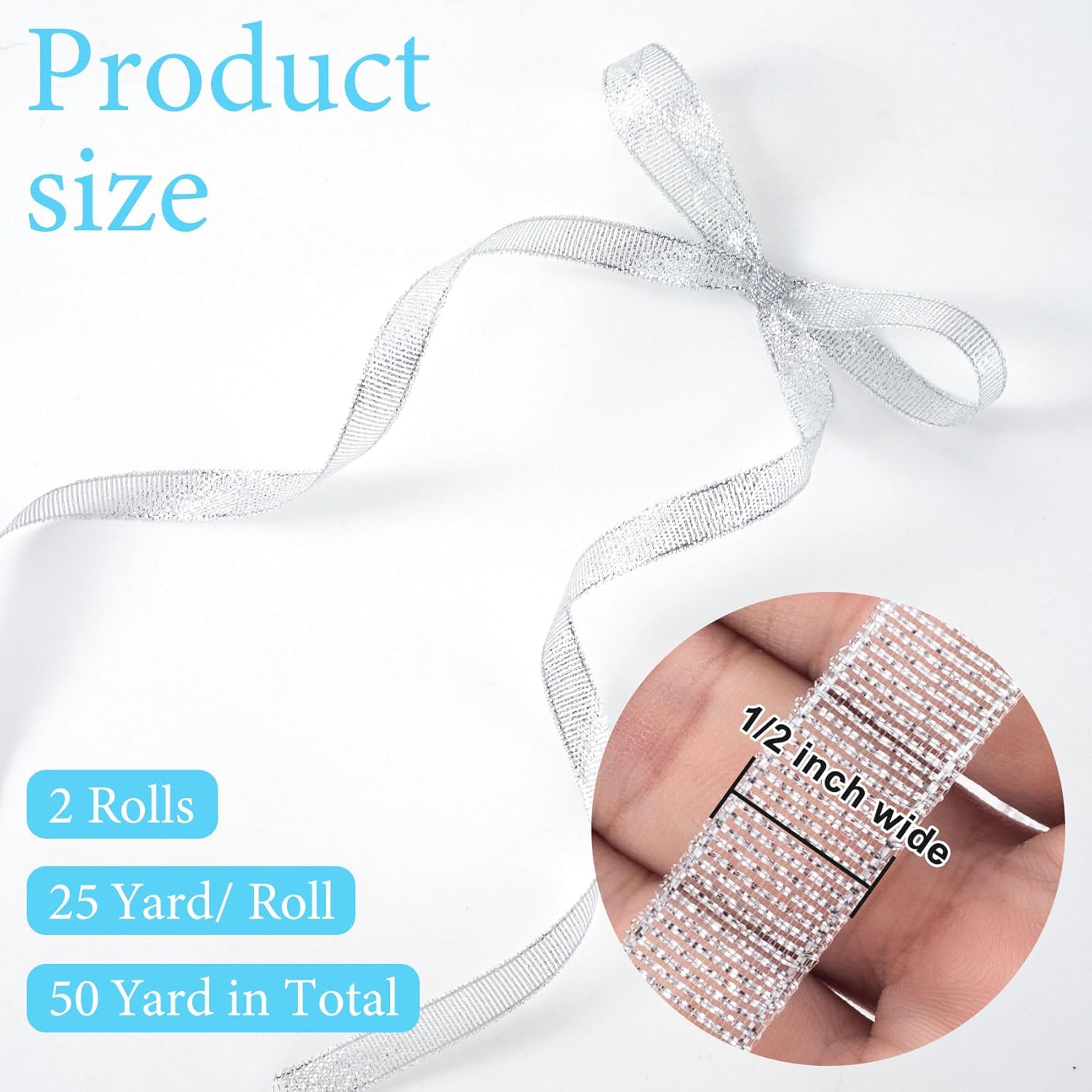 1/2in 50 Yard Silver Ribbon for Gift Wrapping, Glossy Sheer Satin Ribbon, Glitter Thin Fabric for Christmas Halloween Wedding Birthday Party Valentines Day Bouquet Decoration - Image 2