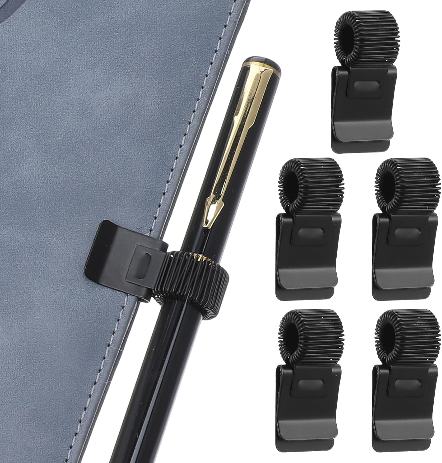 5Pcs Pen Loop Holder, Black Pen Clip Board Holders, Metal Pen Holder Clips with Adjustable Spring Loop, Pen Pencil Holder Organizer, for Notebook and Clipboard in Home, Office, Pocket - Image 1