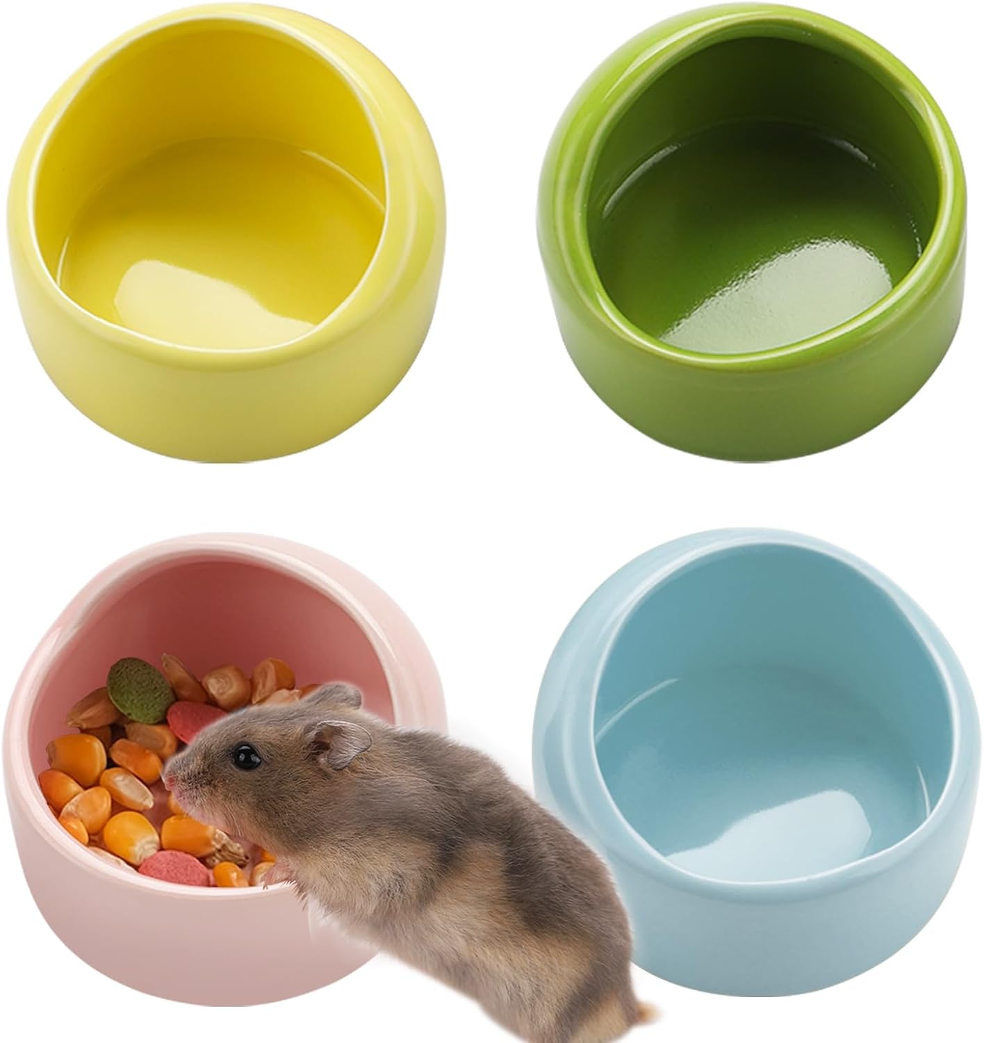 4 Pack Small Hamster Food Bowl Ceramic Guinea Pig Food Dish No Spill Hamster Food and Water Bowl Small Animal Food Bowl for Chinchilla Hedgehog Hamster Gerbil - Pink Blue Yellow and Green - Image 1