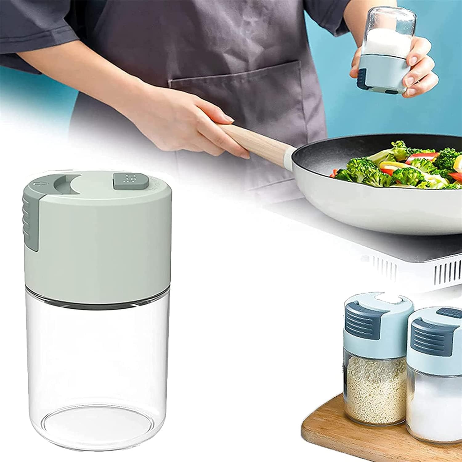 Metering Salt Shaker, Glass Metered Salt Dispenser, Press Type Quantitative Salt Glass Seasoning Bottle, Can Spice Salt Cumin Powder Pepper Shakers BBQ Condiment Seasoning Bottle (Green) - Image 1