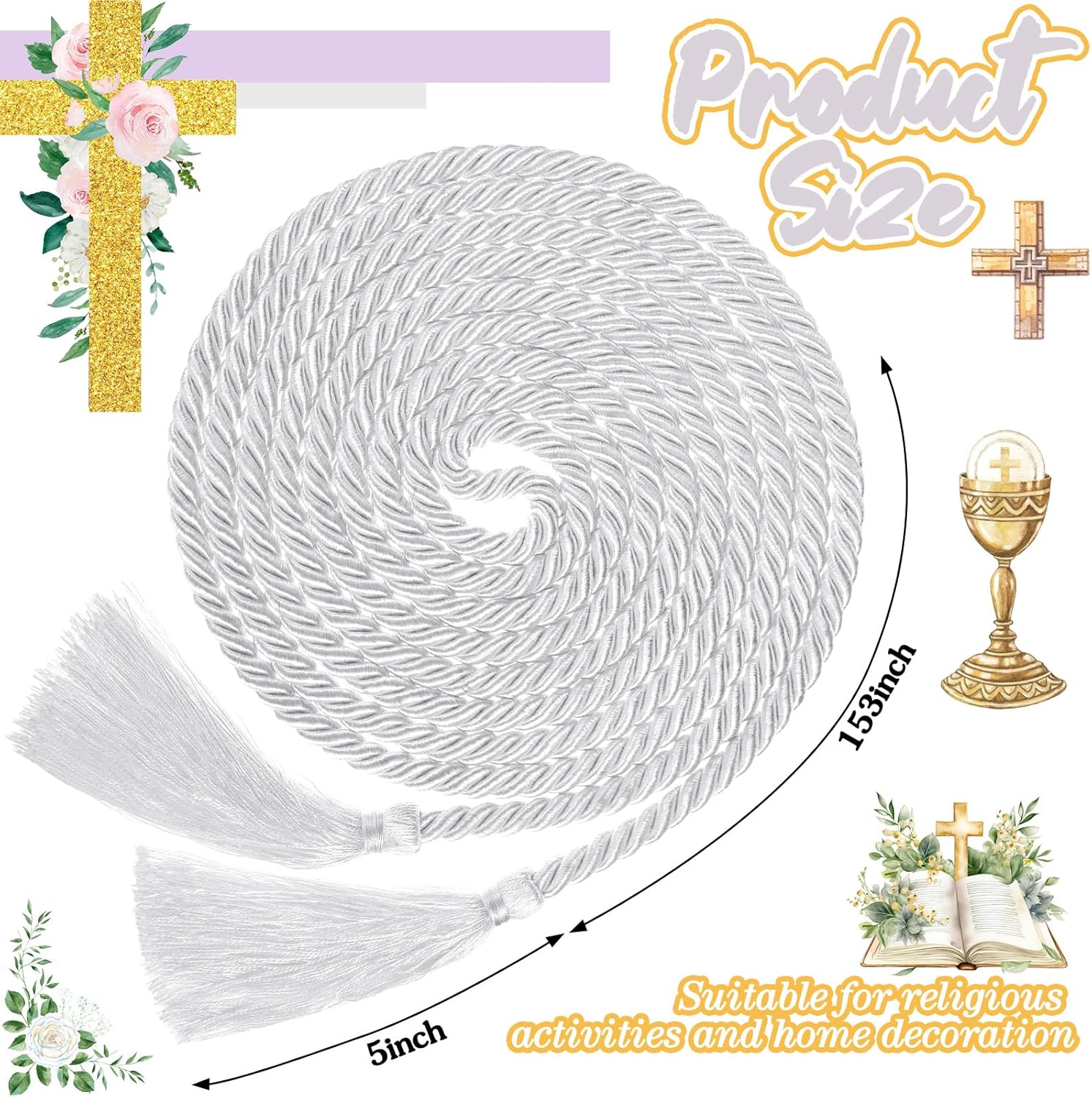 153 Inch Cincture Clergy Rope with Tassels Monks Religious Rites Celebrating Masses Alba Robes Vestments Ceremonial Decor of Christian Denominations for Priest Deacon Altar Server (White) - Image 2