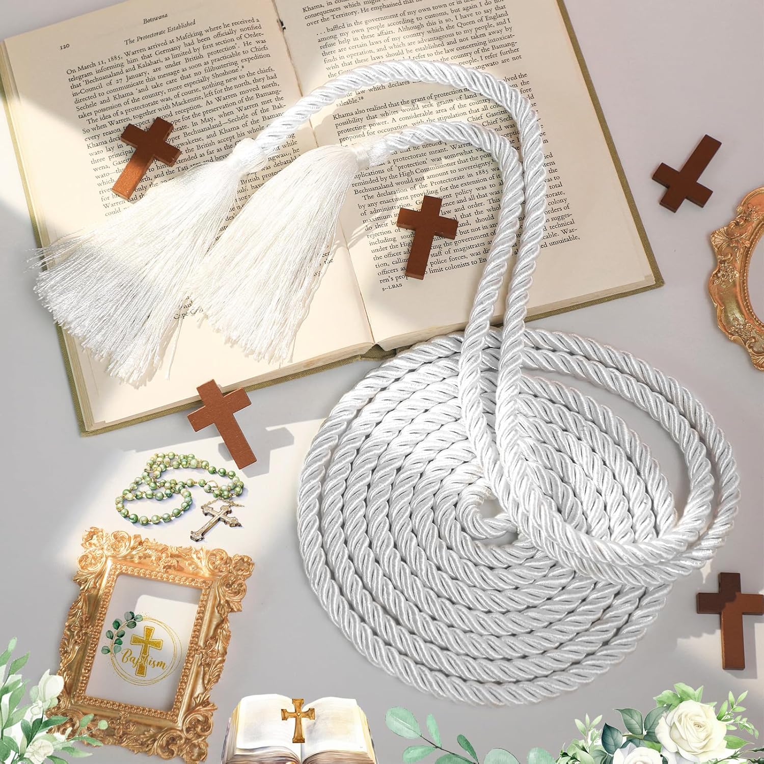 153 Inch Cincture Clergy Rope with Tassels Monks Religious Rites Celebrating Masses Alba Robes Vestments Ceremonial Decor of Christian Denominations for Priest Deacon Altar Server (White) - Image 4