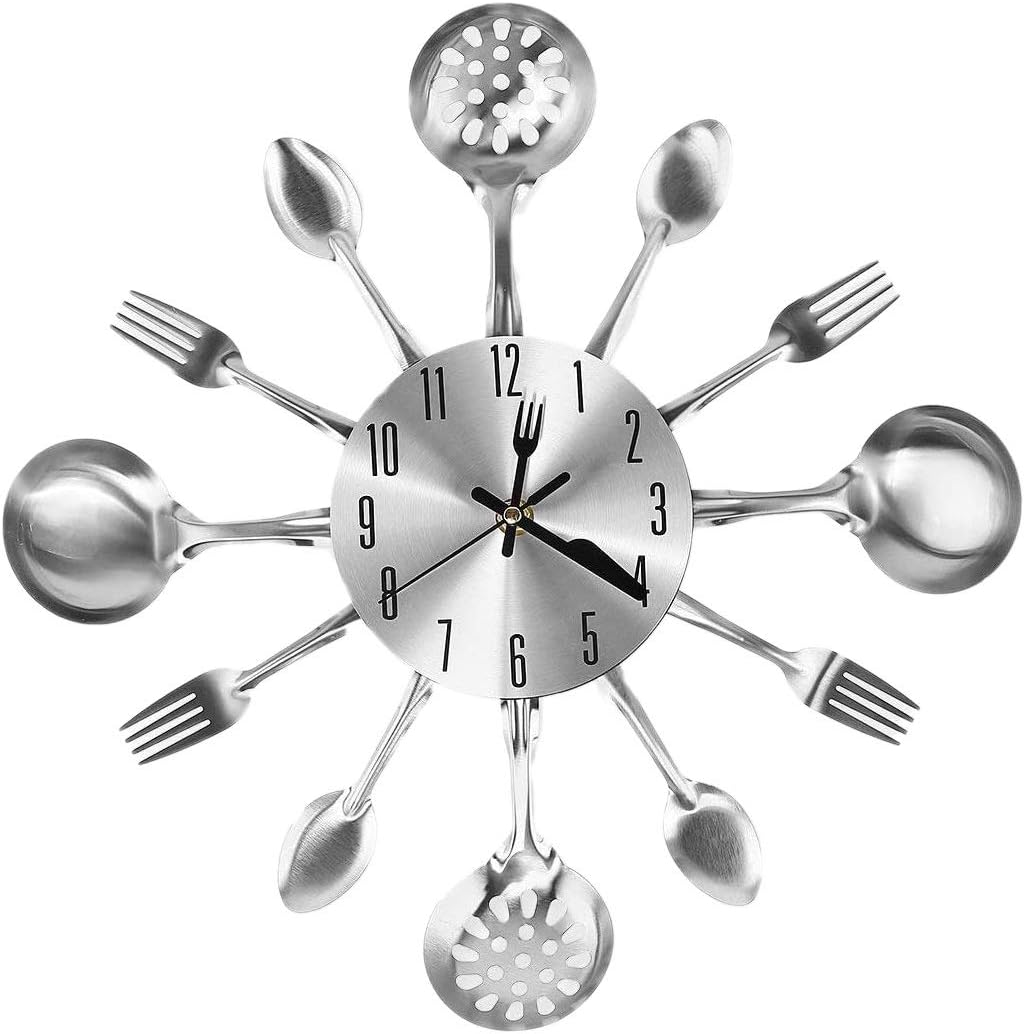 Metal Kitchen Cutlery Wall Clock 14 Inch with Fork Spoon 3D Non Ticking Quartz Watch Clock for Bedroom Home Decor,Silver - Image 1