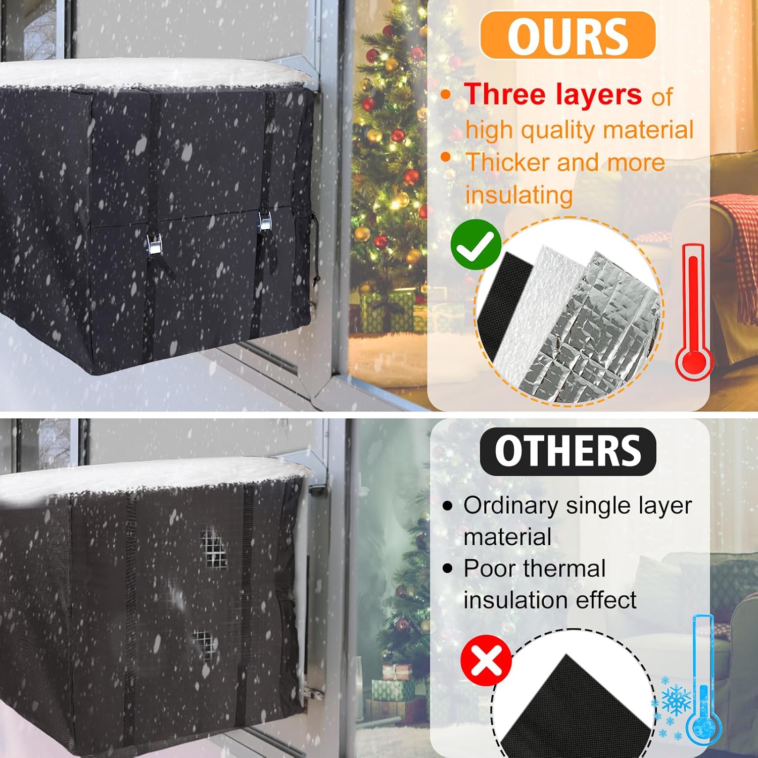Air Conditioner Covers for Window Units - 3 Layers Insulation Outside AC Cover with Elastic Drawstring Metal Buckle Strap, Outdoor Winter Waterproof AC Canopy Sun Shade - 27.5 × 22.5 × 18.5 Inch - Image 3