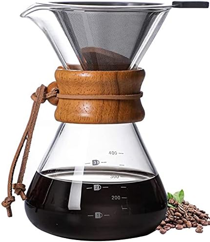 Pour Over Coffee Maker,Reusable Glass Coffee Pot Manual Dripper Brewer Hand Drip with Stainless Steel Filter for Home Travel (14 oz/400 ml) - Image 1