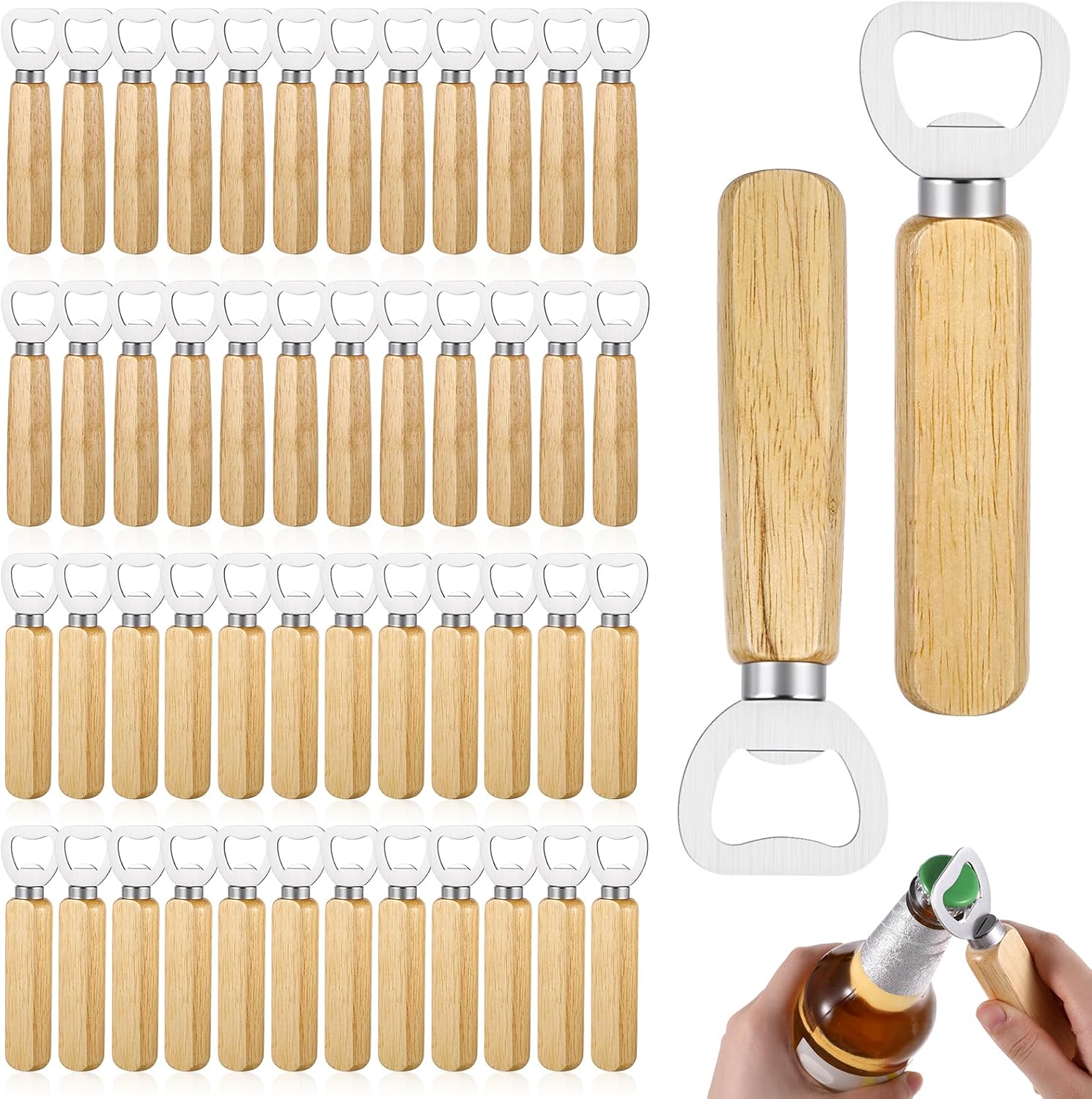 50 PCS Stainless Bottle Opener Bulk Wooden Beer Opener Set, Wood Handheld Heavy Duty Bottle Openers for Bartender Wedding Party Home Kitchen KTV Bar Restaurant - Image 1