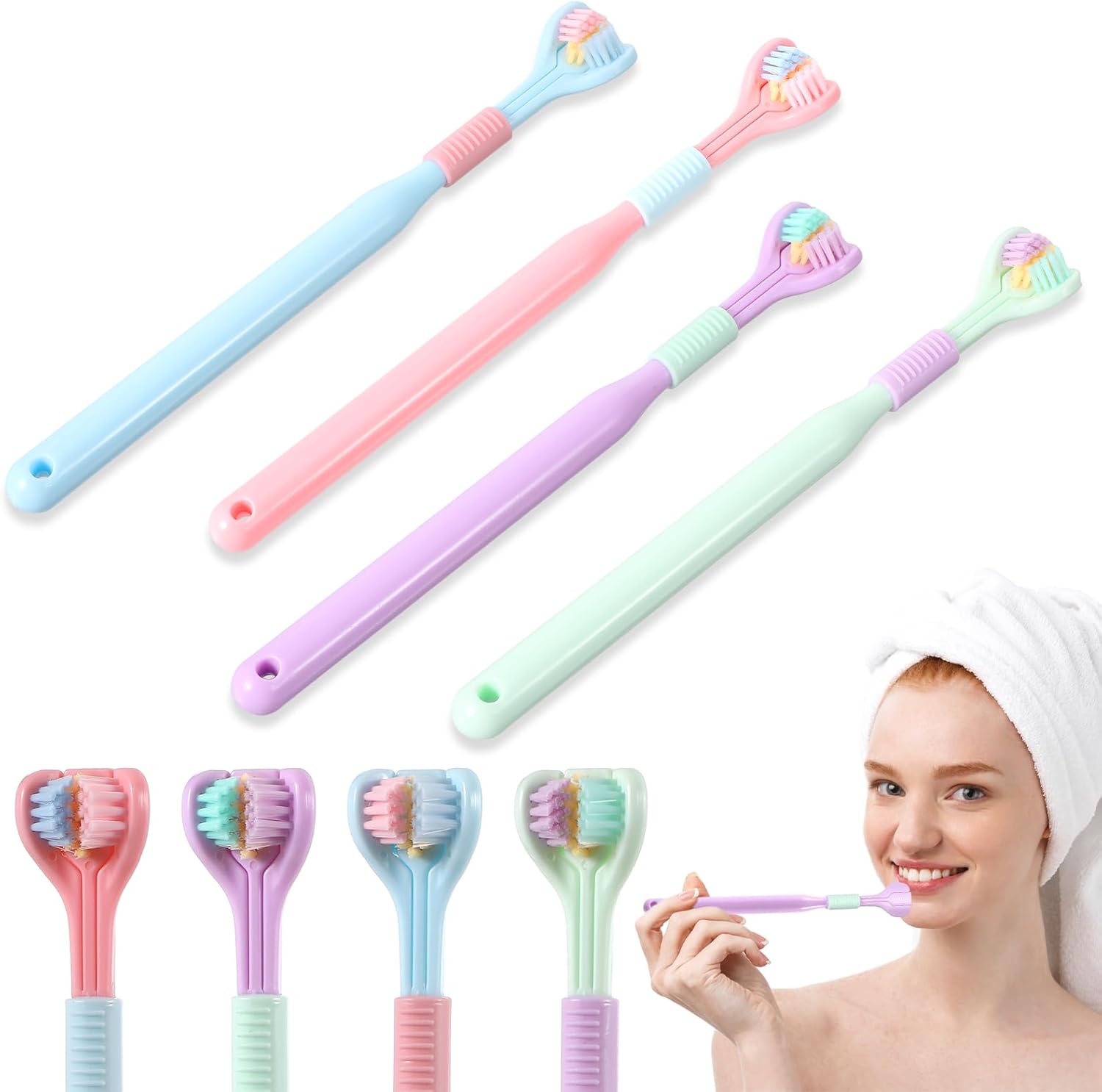 4Pcs 3 Sided Toothbrush Adult, Colorful Three Sided Toothbrush Set with Soft Bristle, Triple Head Toothbrush for Deep Cleaning, Multi-Angle Toothbrushes for Adults Teeth Gum Care - Image 1