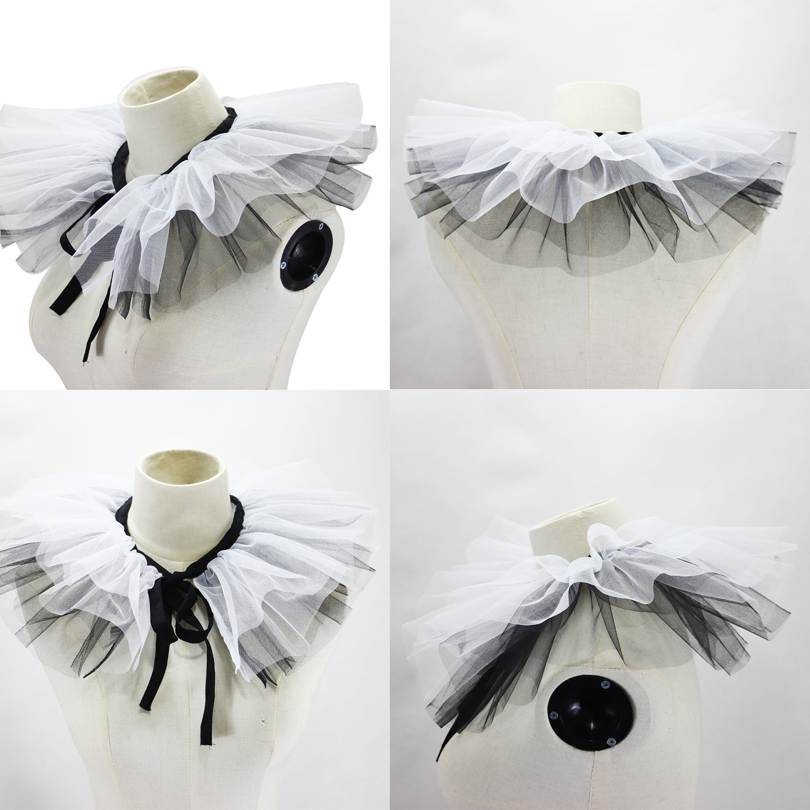 Women's Renaissance Tulle Ruffled False Collar Layered Black White Mesh Clown Choker Lace Up Victorian Neck Ruff Shawl Cosplay Props - Image 4