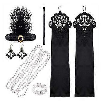 1920s Flapper Accessories Set with Headband Pearl Necklace Bracelet Earrings Gloves - Image 1