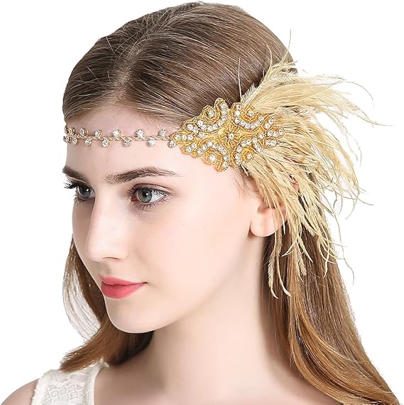 Vintage Feather Flapper Headband 1920s Art Deco Sparkly Hairband Headpiece - Image 1