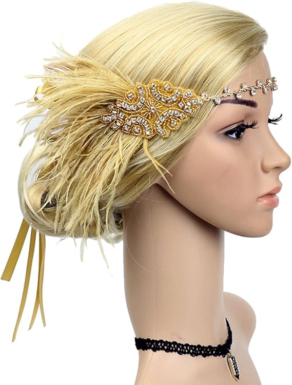 Vintage Feather Flapper Headband 1920s Art Deco Sparkly Hairband Headpiece - Image 4