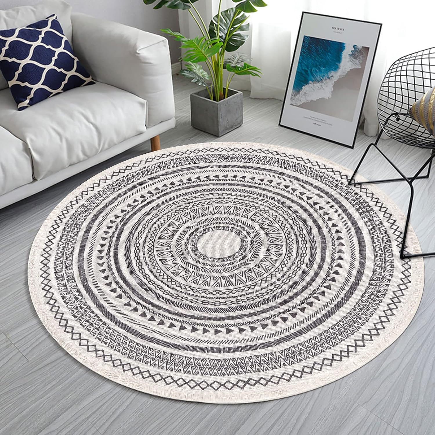 Moroccan Style Grey Round Woven Cotton Washable Absorbent Rug 120cm with Fringes - Image 1