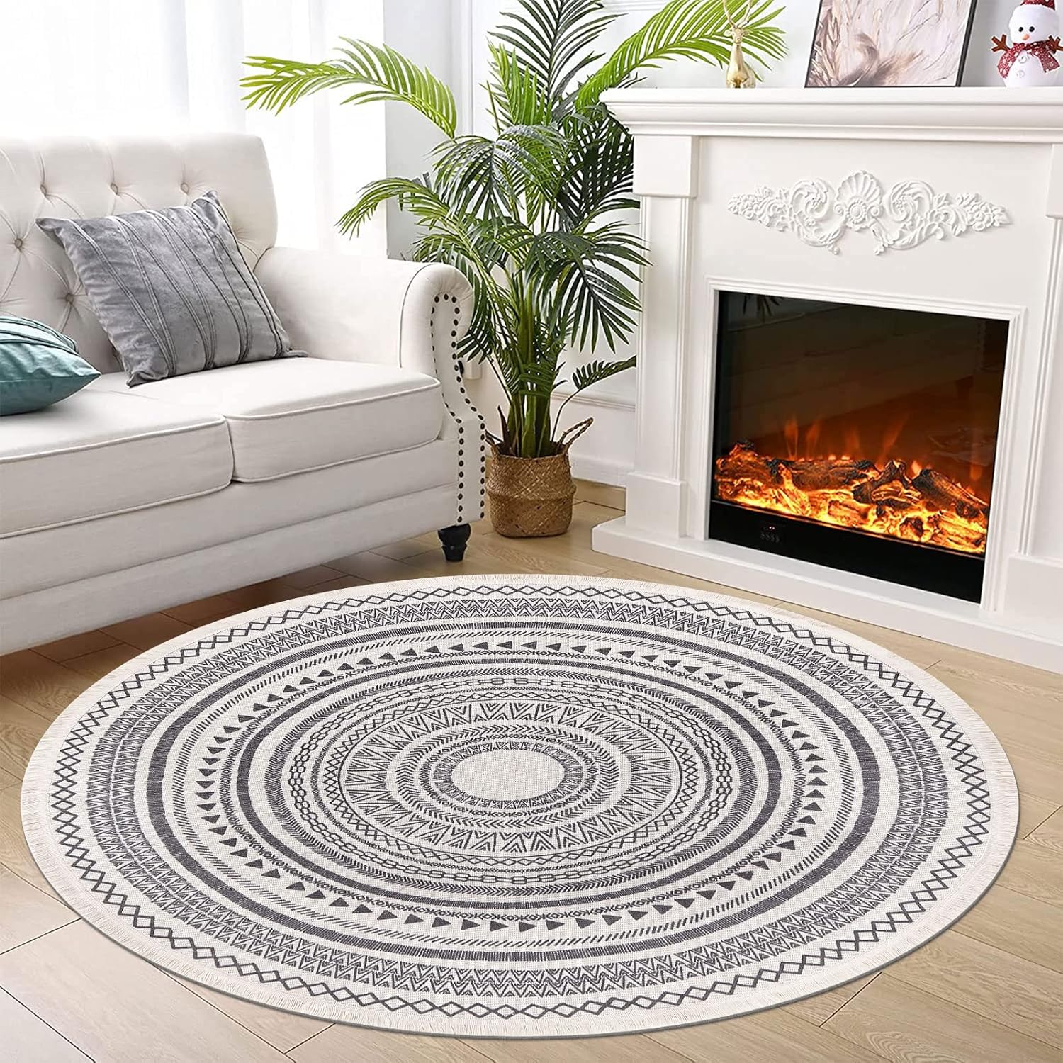 Moroccan Style Grey Round Woven Cotton Washable Absorbent Rug 120cm with Fringes - Image 4