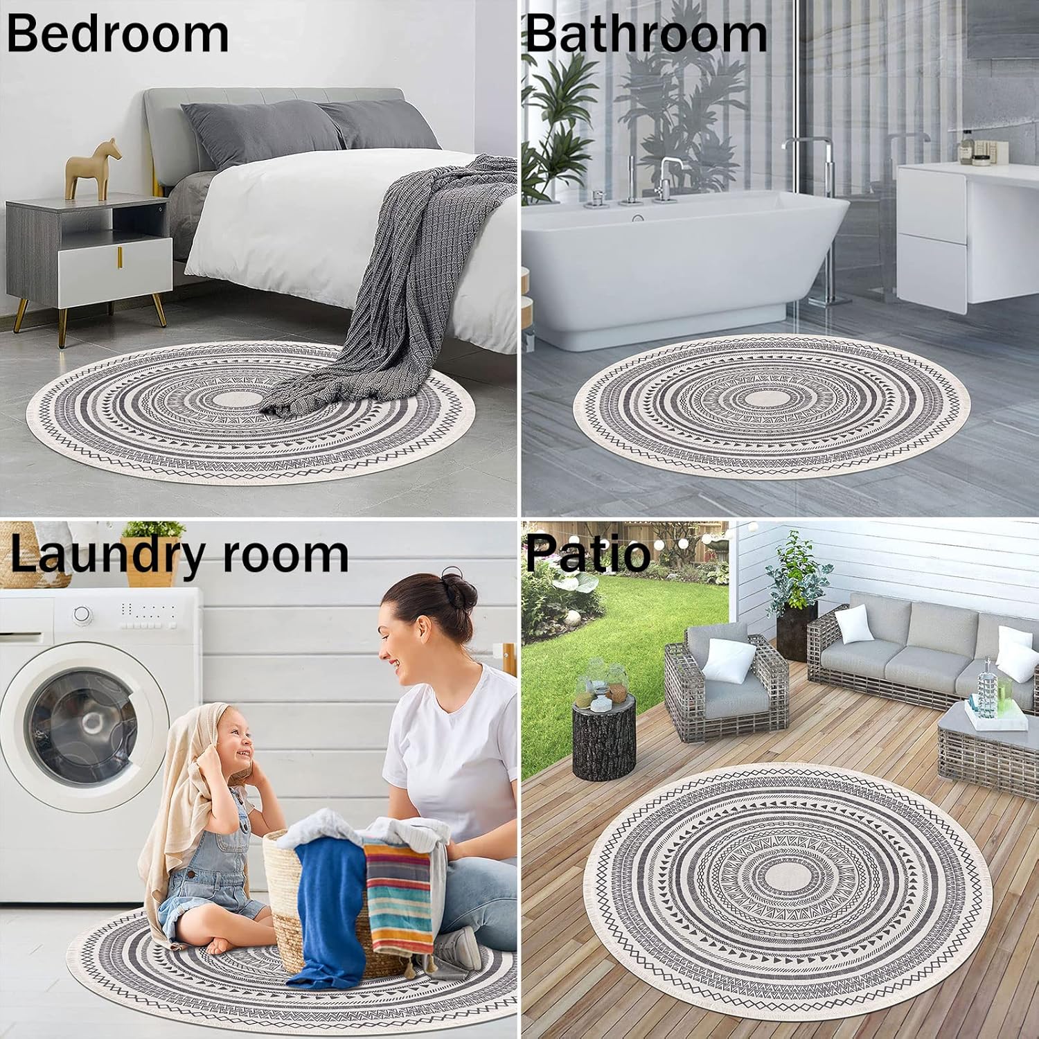 Moroccan Style Grey Round Woven Cotton Washable Absorbent Rug 120cm with Fringes - Image 5