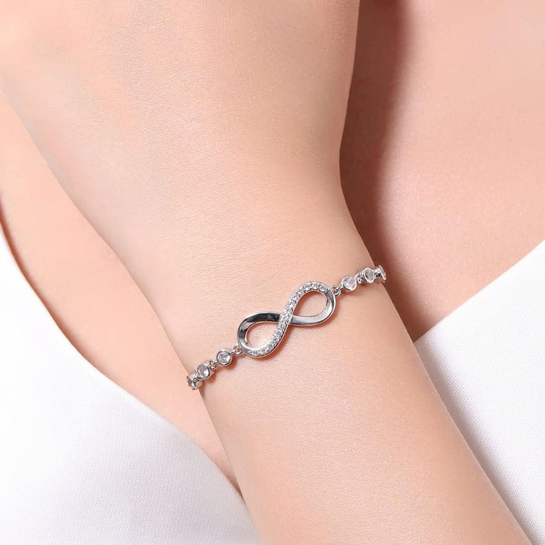 925 Sterling Silver Infinity Love Heart Bracelet with Cubic Zirconia Adjustable for Women - Image 5