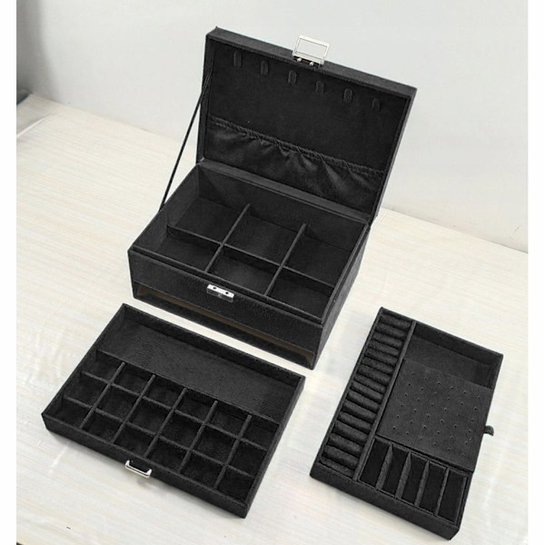 Black Jewelry Box with Key Lock and Multiple Compartments Black—yux - Image 3