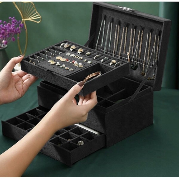 Black Jewelry Box with Key Lock and Multiple Compartments Black—yux - Image 6