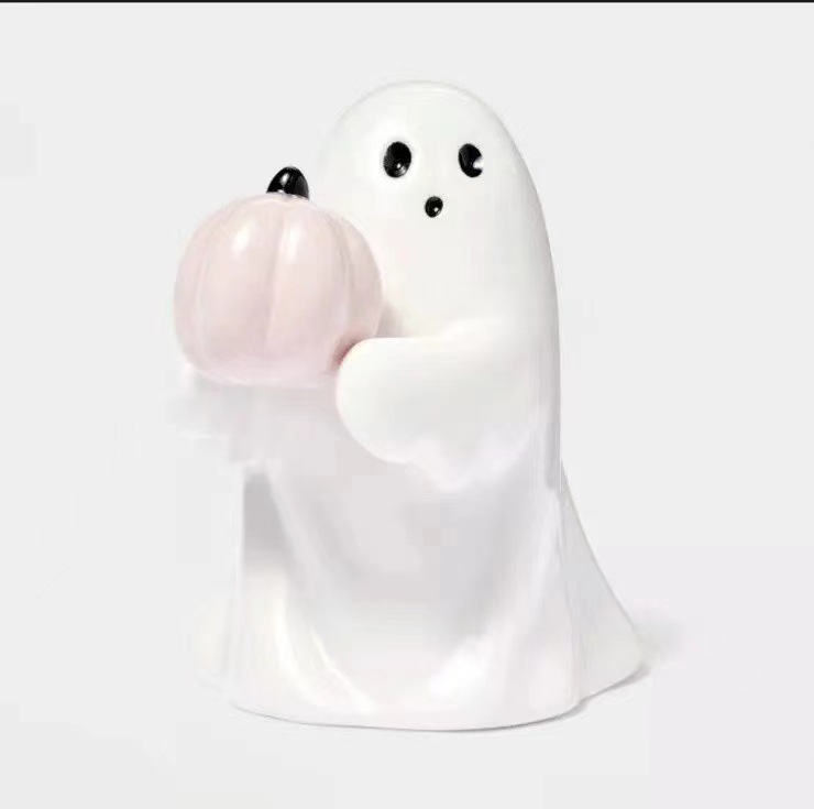 Halloween Resin Middle Finger Ghost Decorations 8CM Pink Pumpkin Ghost with Spranks for Garden and Crafts - Image 1