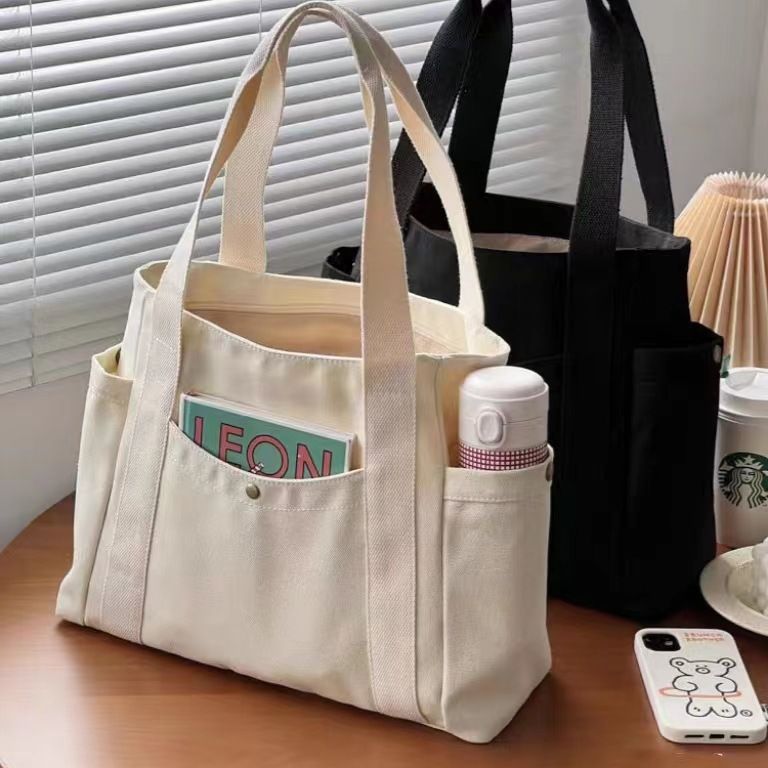 Canvas Tote Bag Large Capacity White for Work Travel College Student Book Shoulder Bag - Image 2