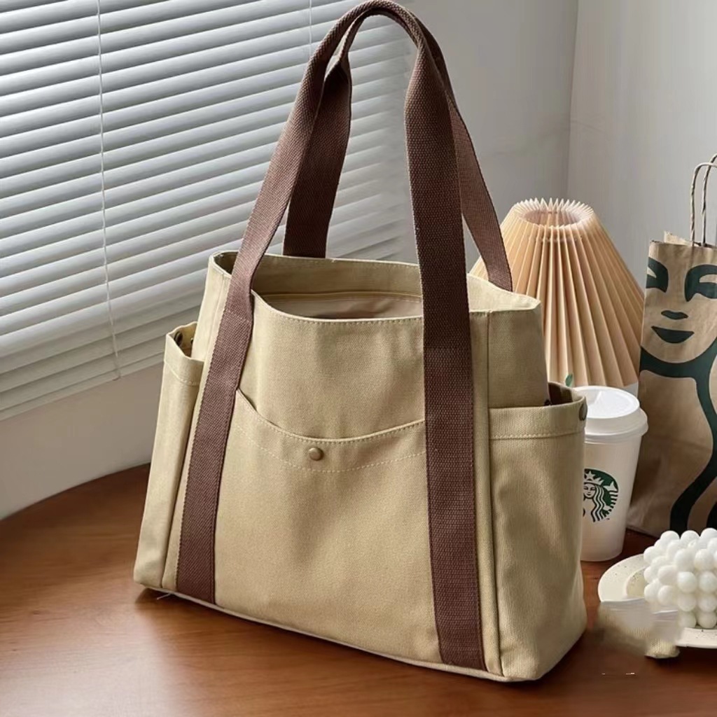 Large Canvas Tote Bag for Work Travel College Book Shoulder Bag Brown - Image 1