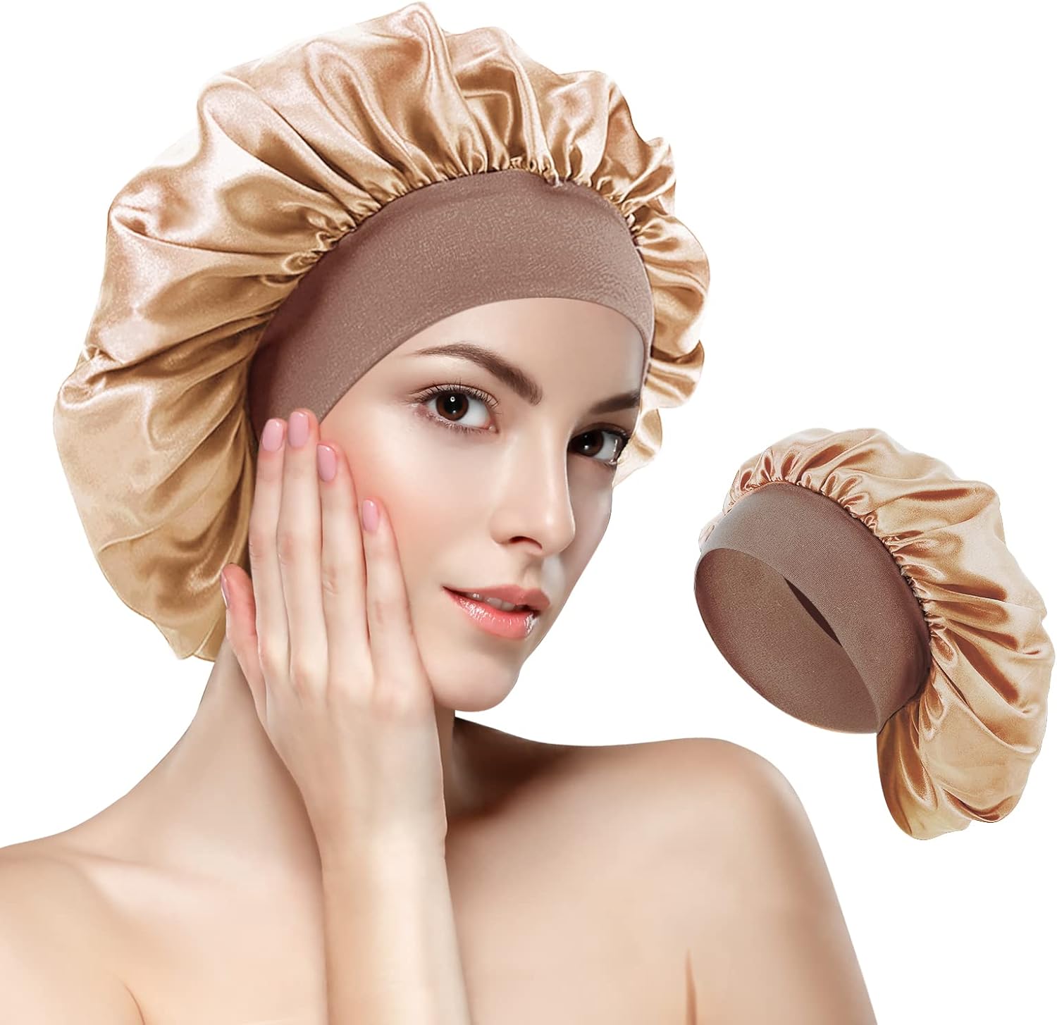 Large Satin Night Cap for Curly Hair, Breathable Silk Sleep Hat for Women and Girls, Gold Gold - Image 1