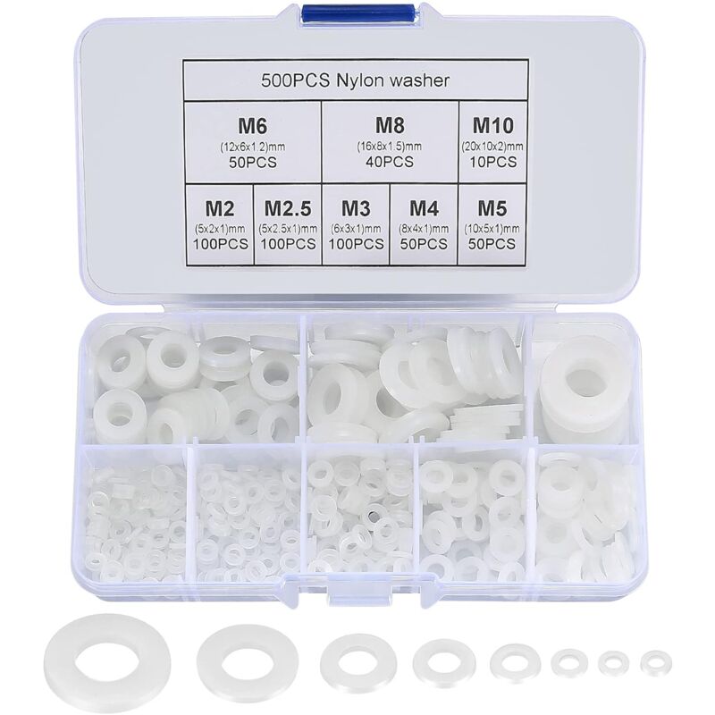Nylon Flat Washers Assortment Kit, 500 Pieces, White, M2 M2.5 M3 M4 M5 M6 M8 M10 Insulation Round Spacers - Image 1