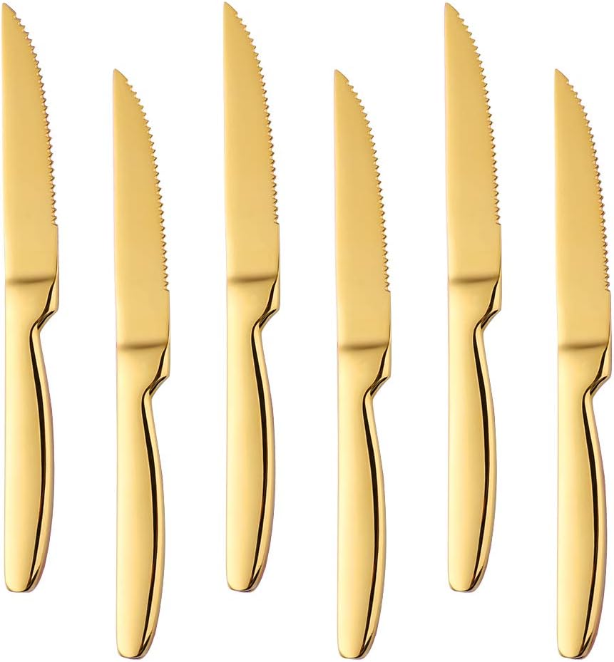 Stainless Steel Serrated Steak Knife Set of 6, BuyGo Gold Color Heavy Duty Dinner Table Knives for Cutting Meat, Beef, 8.6 Inch, Dishwasher Safe - Image 1