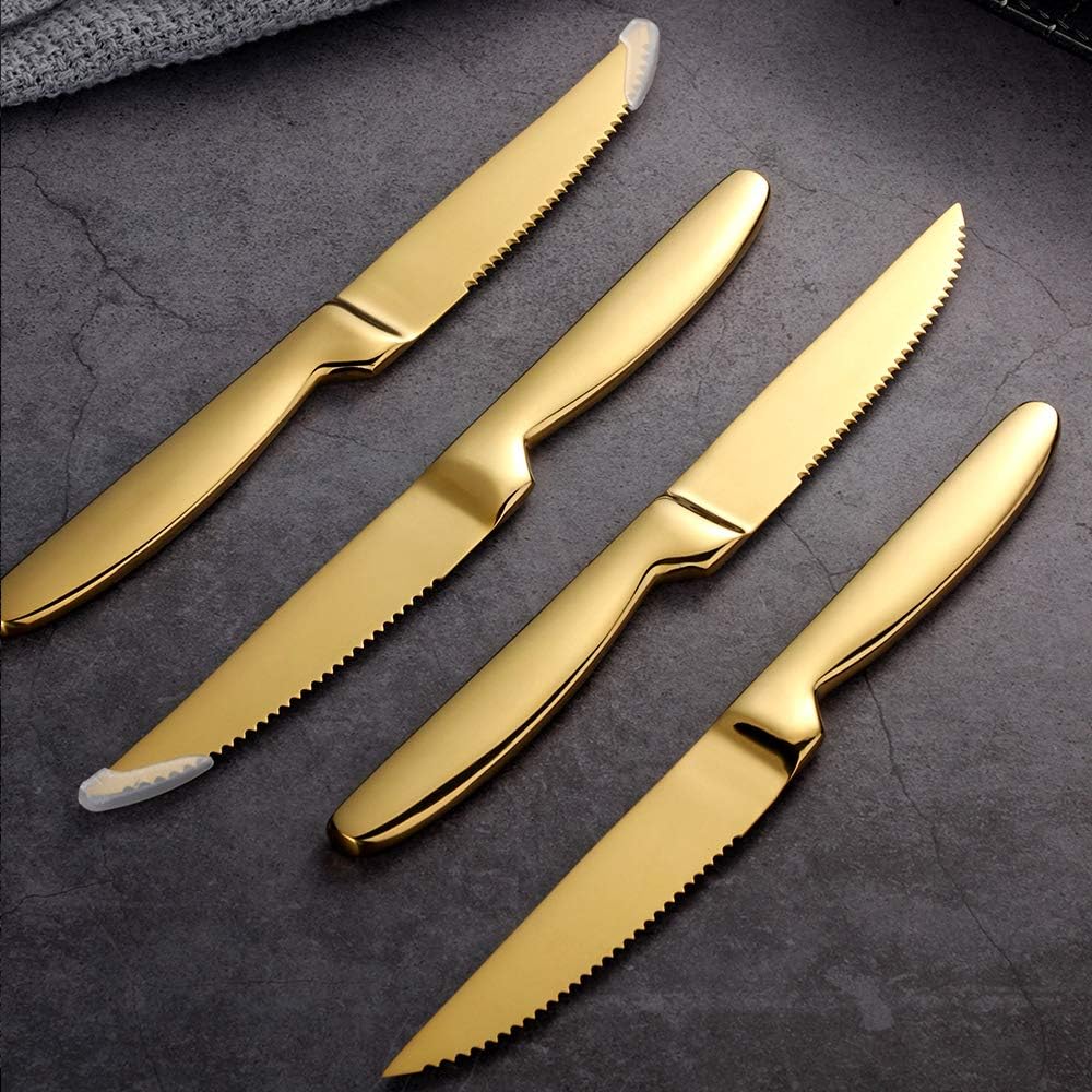 Stainless Steel Serrated Steak Knife Set of 6, BuyGo Gold Color Heavy Duty Dinner Table Knives for Cutting Meat, Beef, 8.6 Inch, Dishwasher Safe - Image 2
