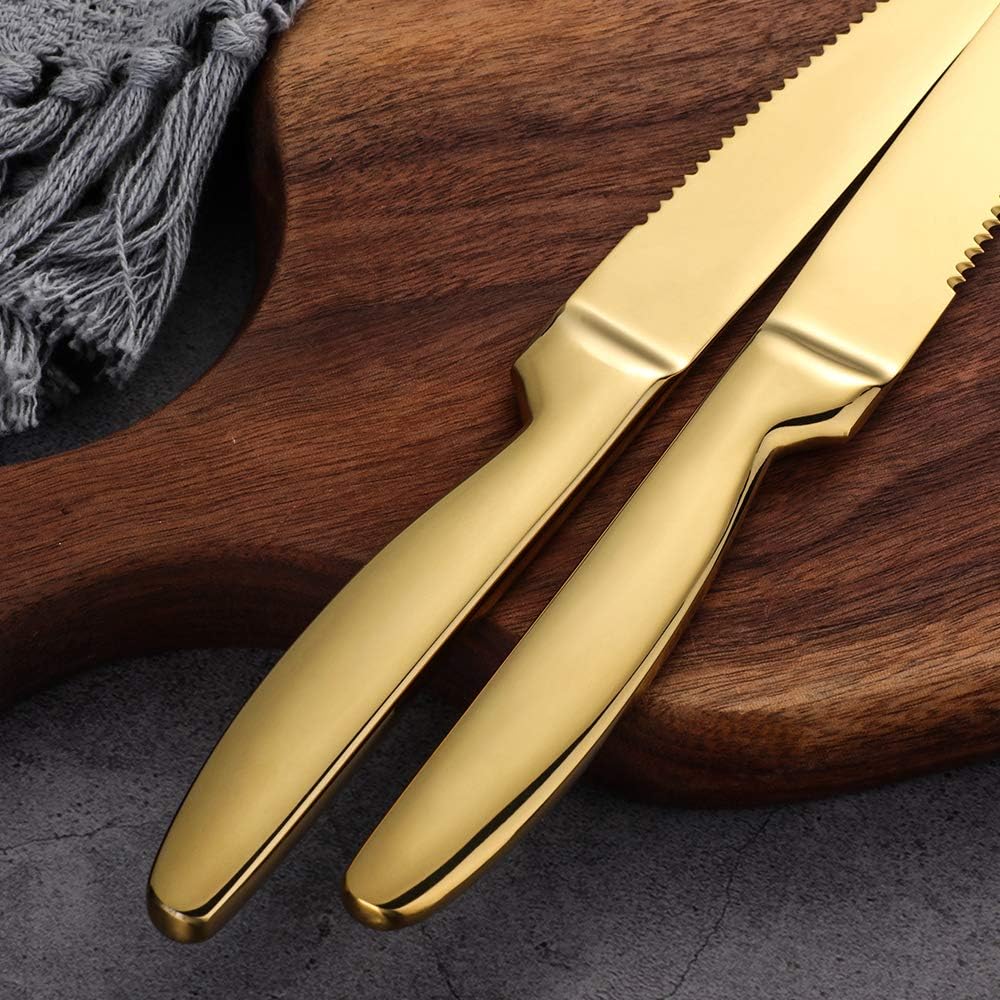 Stainless Steel Serrated Steak Knife Set of 6, BuyGo Gold Color Heavy Duty Dinner Table Knives for Cutting Meat, Beef, 8.6 Inch, Dishwasher Safe - Image 4