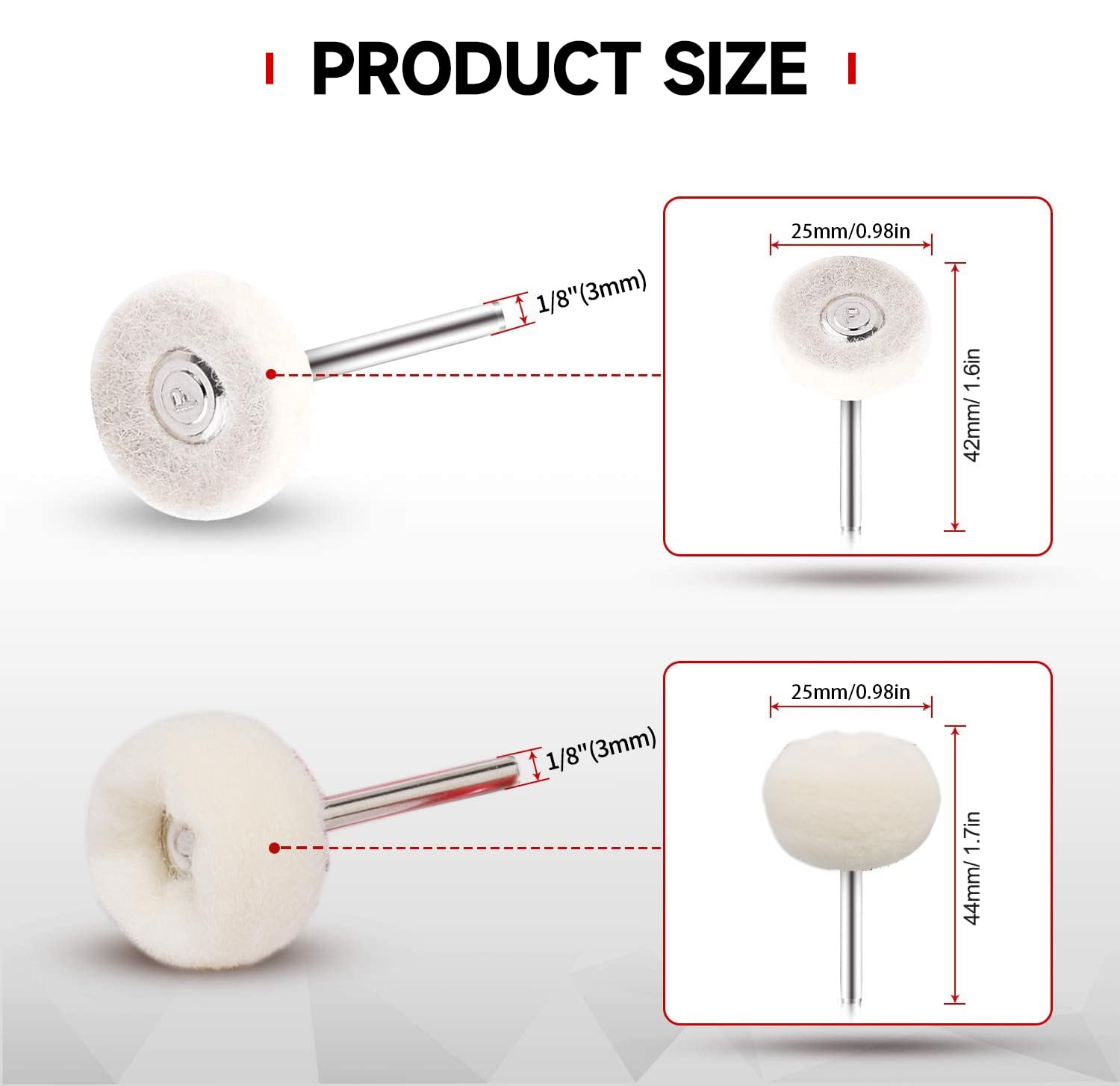 50 PCS 1 Inch Wool Felt Polishing Accessory Kits, 25 Each Spherical/Flat Buffing Wheels for Proxxon Dremel Rotary Tool - 1/8