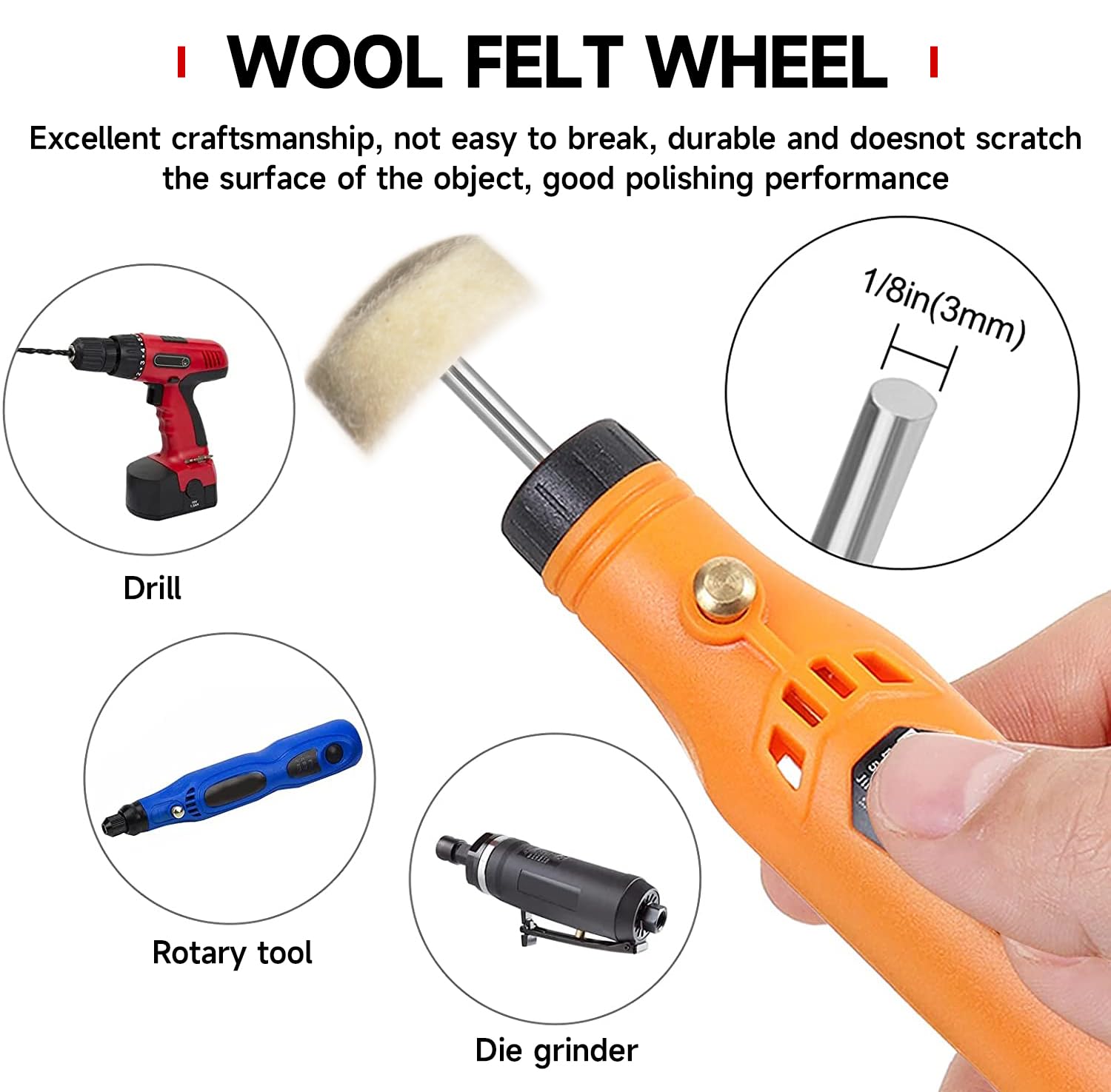 50 PCS 1 Inch Wool Felt Polishing Accessory Kits, 25 Each Spherical/Flat Buffing Wheels for Proxxon Dremel Rotary Tool - 1/8