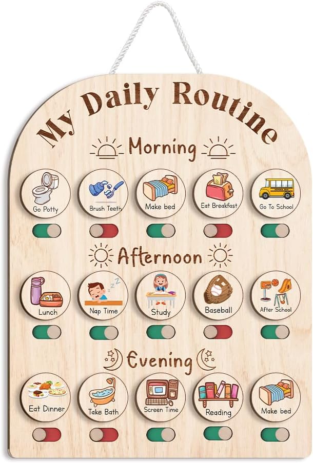 Daily Routine Chart for Kids, Visual Schedule, Routine Chart for Toddlers 3-5, Morning Bedtime Routine Chart for Toddlers, Wooden Chore Chart for Kids - Image 1