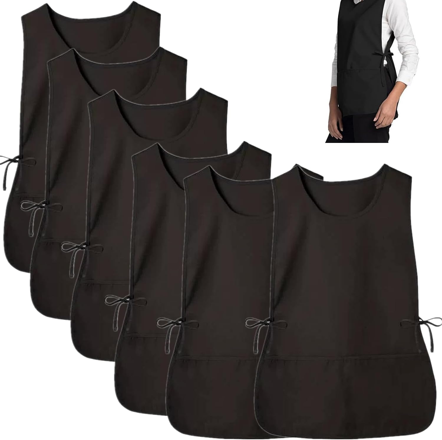 6 Pack Cobbler Apron for Women Men, Universal Adult Smock Aprons with 2 Pockets, Black Waterproof Cleaning Apron for Painting, Work, Hairstylist, Housekeeping, Kitchen, Unisex - Image 1