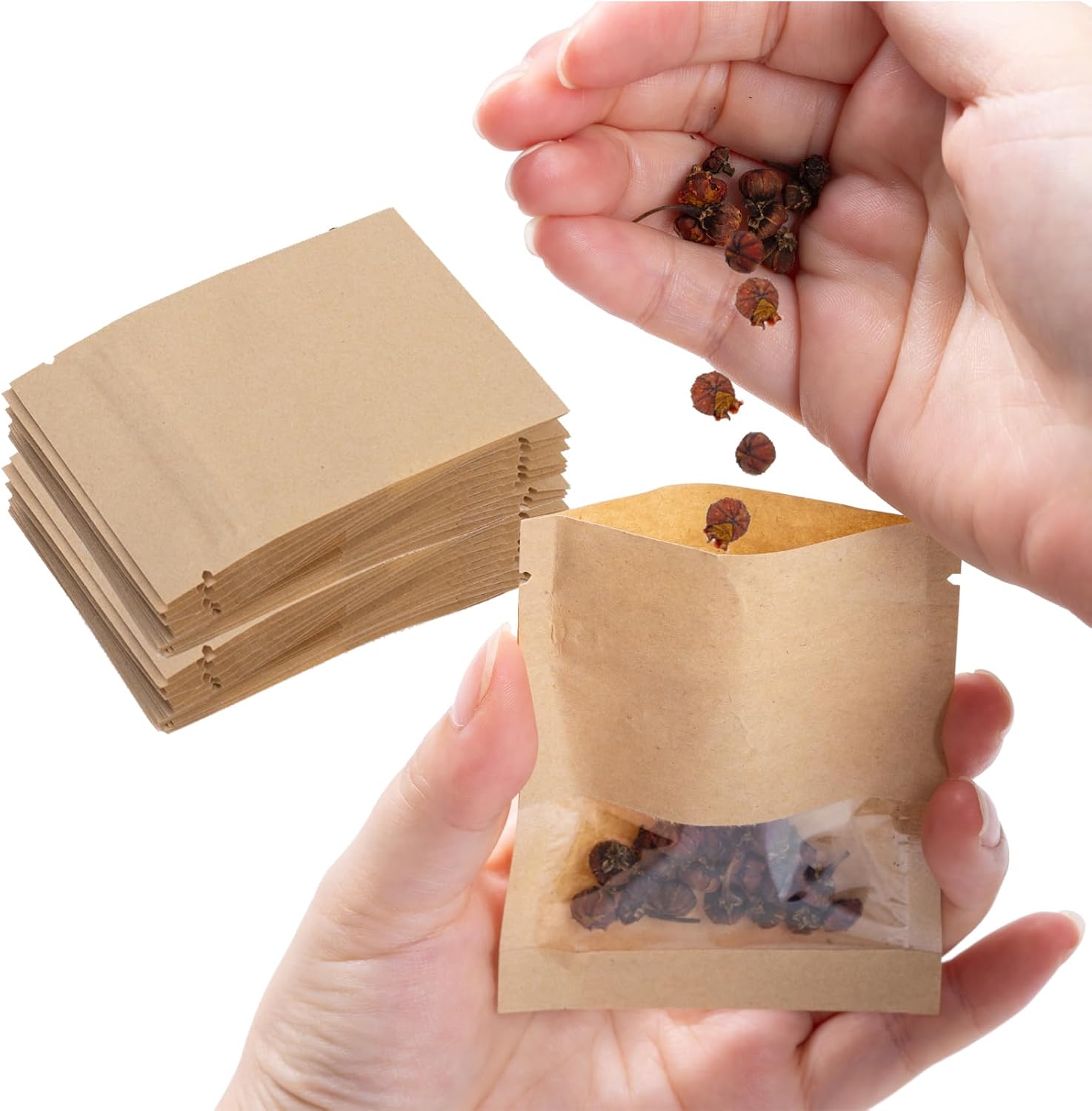 100Pcs 7×9cm Sealable Kraft Paper Bag with Transparent Window, 2.7×3.5'' Seed Coin Envelope Bags for Flower Vegetable Food Seeds Storage, Coffee Bags, Business Sample Bag - Image 1