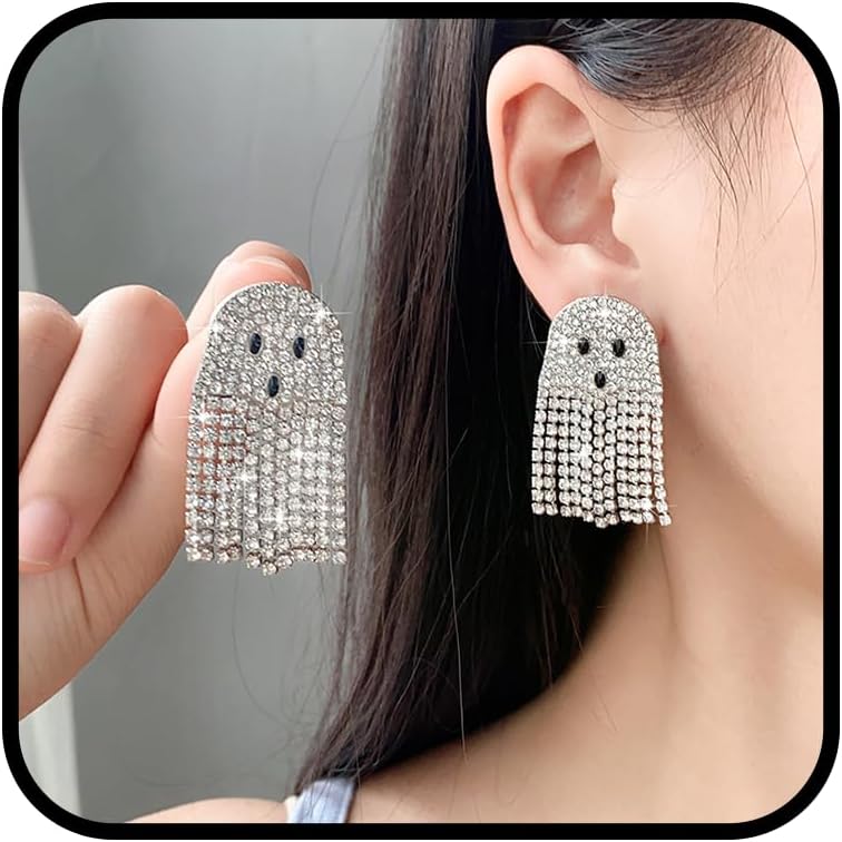 Ghost Earrings For Women, Silvery Dangling Tassel Earring With Cubic Zirconia Lovely Halloween Jewelry Gift - Image 1