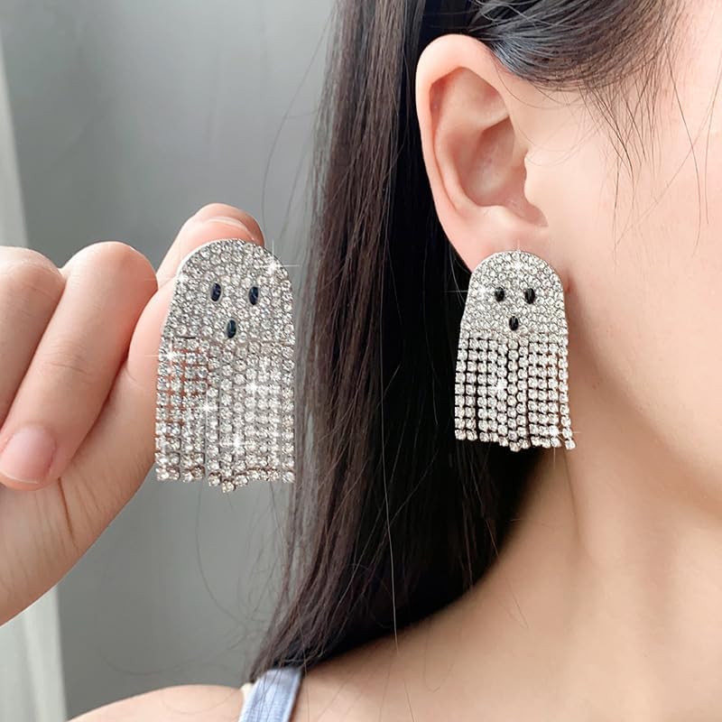 Ghost Earrings For Women, Silvery Dangling Tassel Earring With Cubic Zirconia Lovely Halloween Jewelry Gift - Image 3