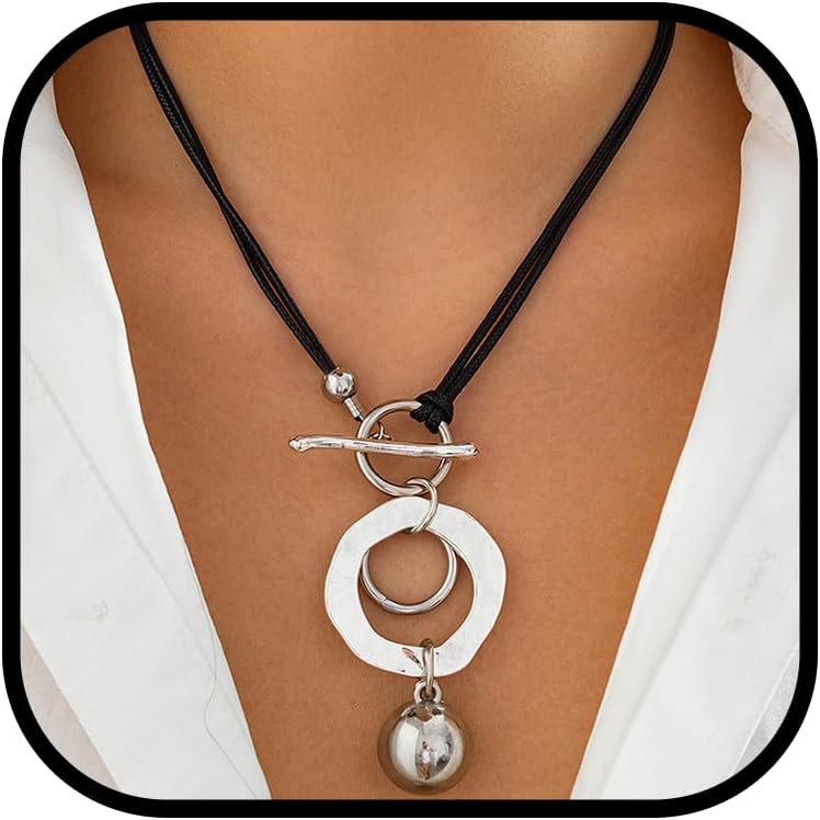 Silver Necklaces For Women, Double Layer Rope Chain Silvery Circular And Spherical Pendants Geometric Minimalist Style Jewelry Gift - Image 1