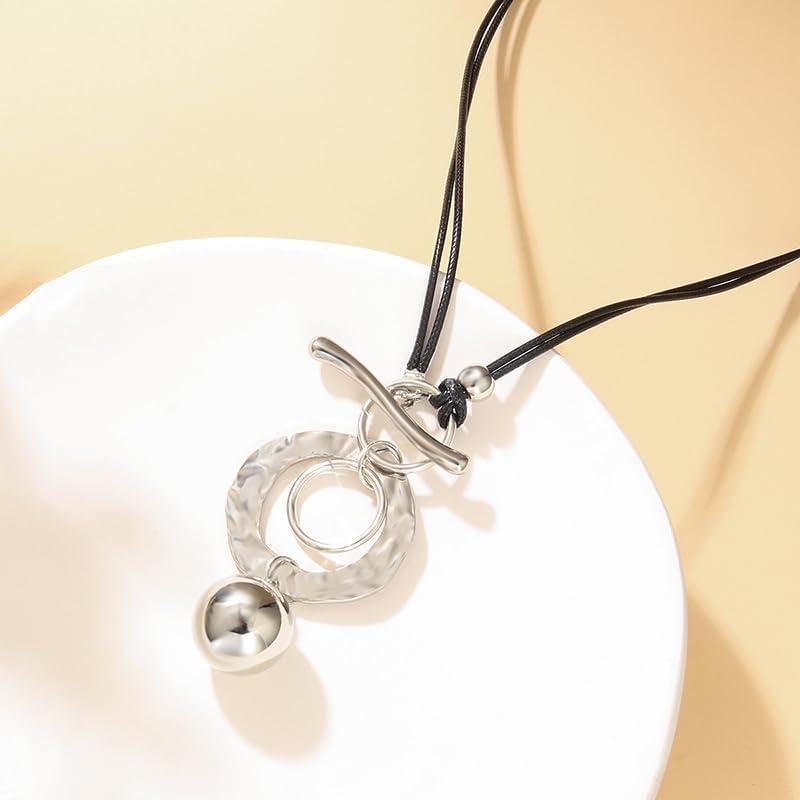 Silver Necklaces For Women, Double Layer Rope Chain Silvery Circular And Spherical Pendants Geometric Minimalist Style Jewelry Gift - Image 3