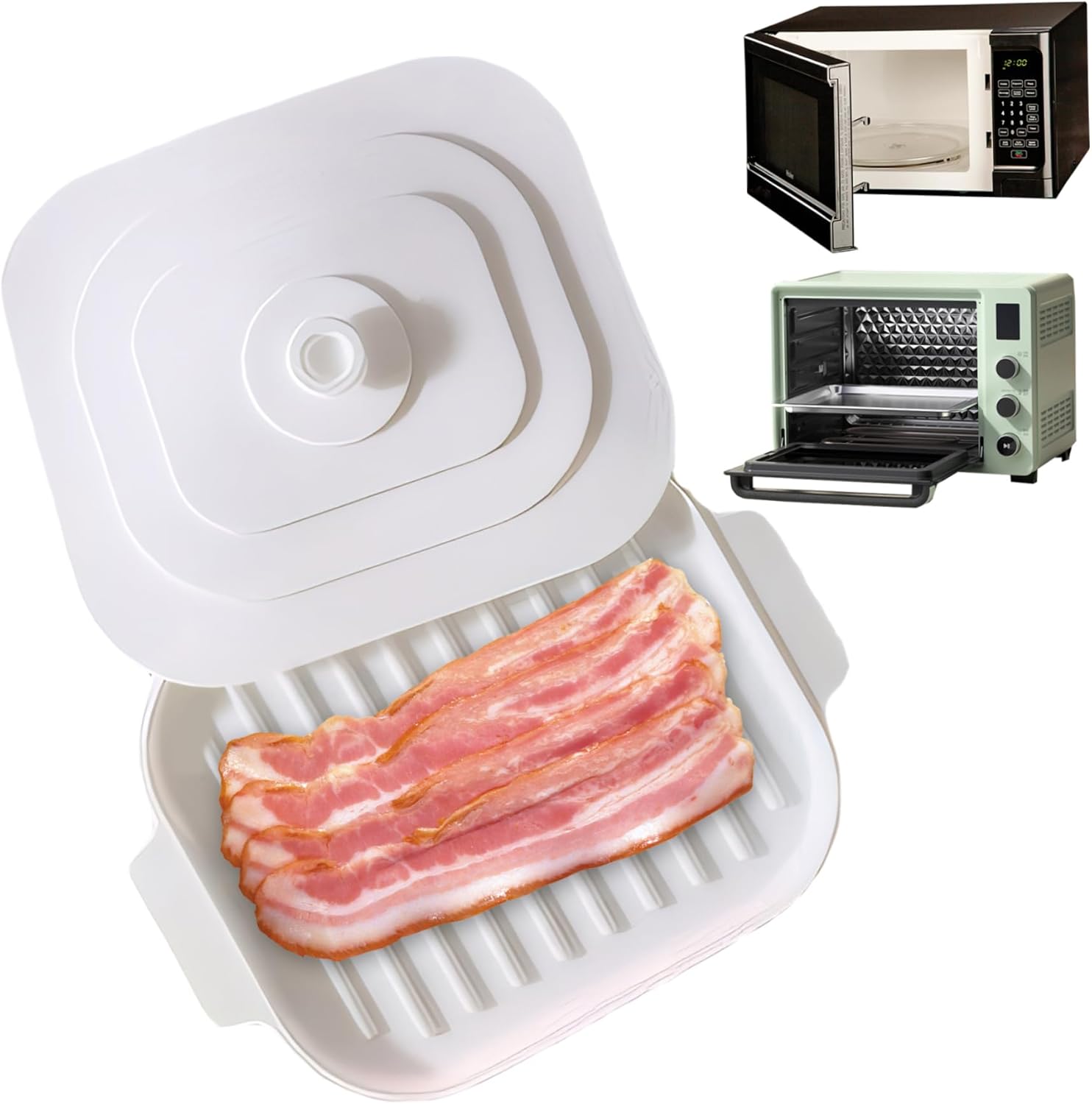 Microwave Bacon Cooker, 11x8.2inch Silicone Microwavable Bacon Grill with Lid & Handles, Bacon Tray for Microwave Cooking - Image 1