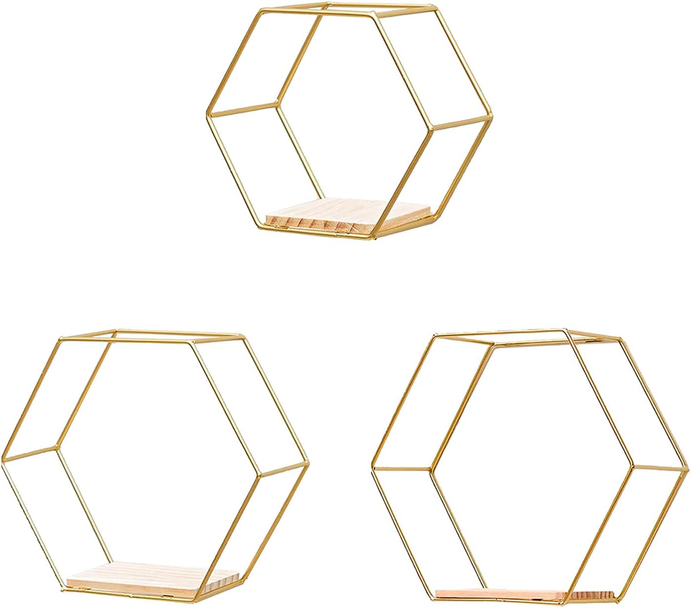 3 Pcs Gold Hexagon Wall Shelves, Floating Decorative Wire Wall Mounted Shelf, Multi-use Geometric Floating Shelves Metal Shelving for Bedroom Living Room Kitchen Office, 6.7in 9.4in 11in - Image 1