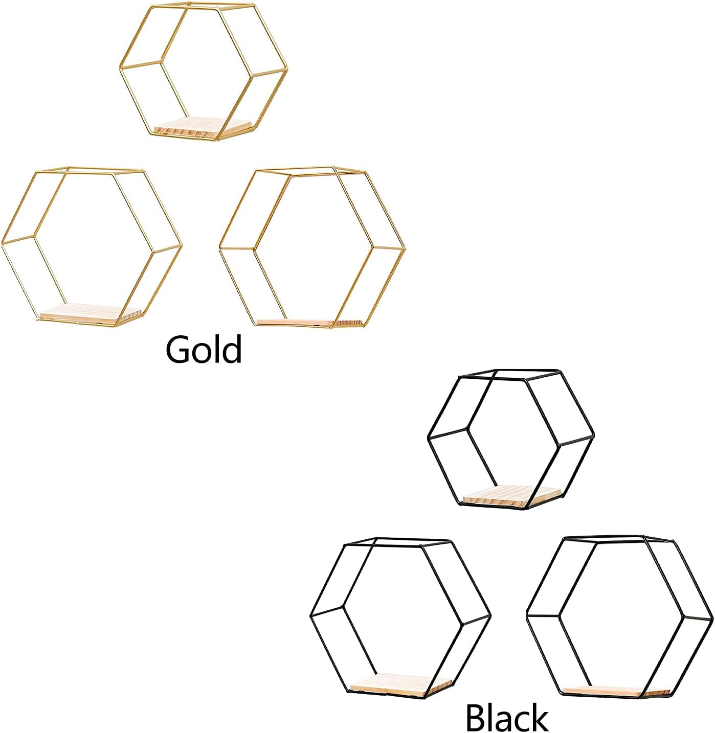 3 Pcs Gold Hexagon Wall Shelves, Floating Decorative Wire Wall Mounted Shelf, Multi-use Geometric Floating Shelves Metal Shelving for Bedroom Living Room Kitchen Office, 6.7in 9.4in 11in - Image 3
